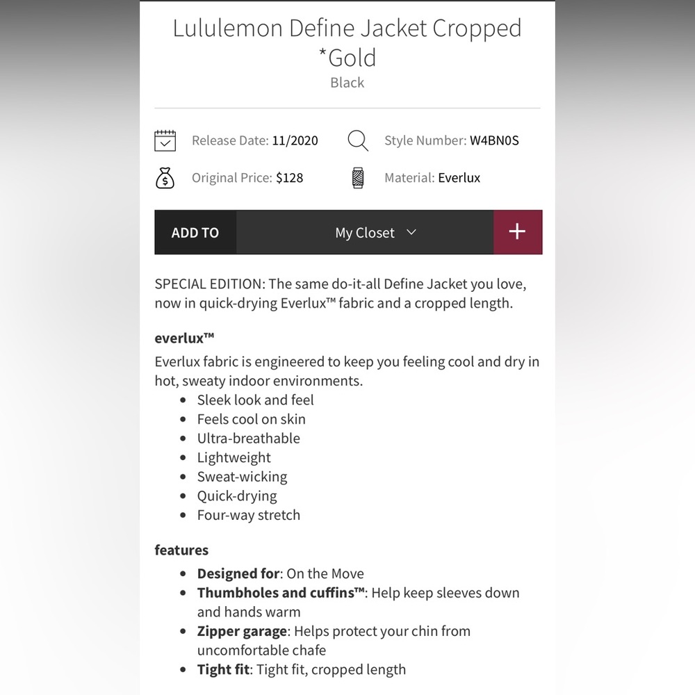 Lululemon Define Jacket Cropped *Gold Size 8 - Picture 11 of 11